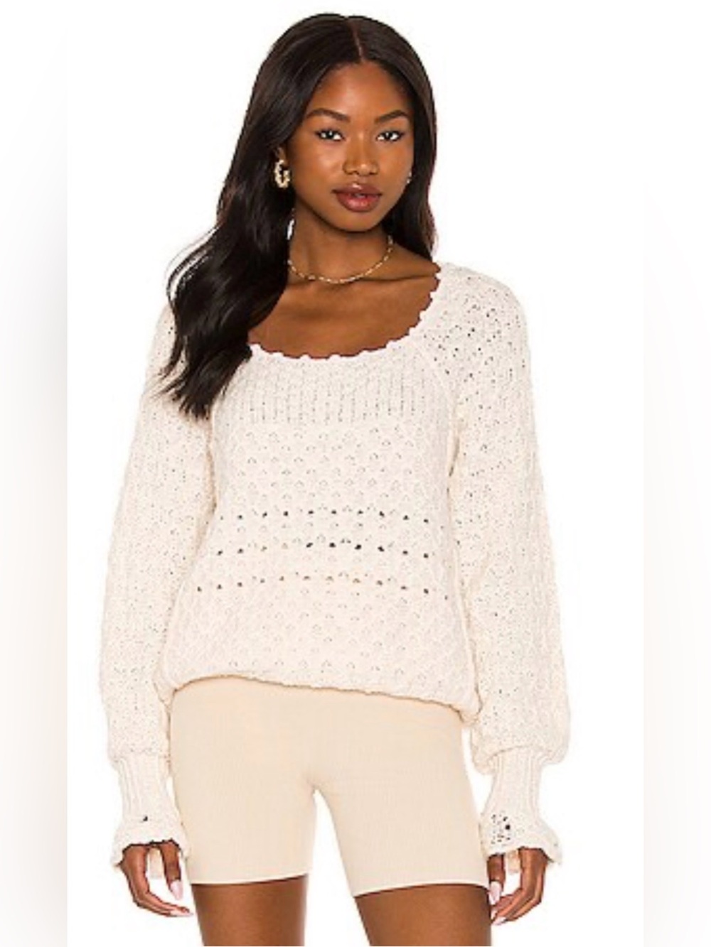 Free People Knit Scoop Neck Sweater - Cream with distressed Cuffs
